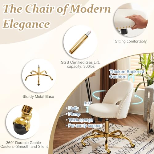 VINGLI Modern Velvet Small Office Chair,Cute Desk Chair with Wheels,Gold Base/Studs, Comfy Armless Swivel Vanity Task Chair for Women/Girl/Kids, Nail Tech Chair for Bedroom,Small Space,White VINGLI