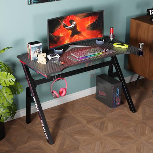 PayLessHere 47 Inch Gaming Desk PC Carbon Fiber Table Ultimate Gamer Workstation with Cup Holder & Headphone Hook for Home Office,Red PayLessHere