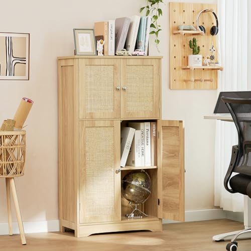 Iwell Natural Rattan Storage Cabinet with 4 Doors and Adjustable Shelf Iwell