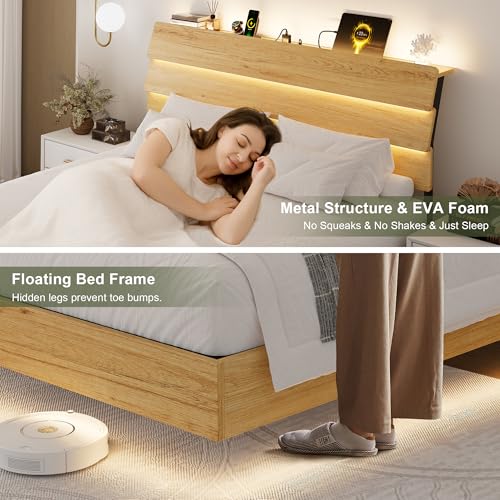 Feonase Floating Bed Frame King with Led Lights and Charging Station, Wood Full Size Bed Frame with Storage Headboard, Heavy Duty Metal Slats, No Box Spring Needed, Easy Assembly,Oak Feonase