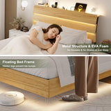 Feonase Floating Bed Frame King with Led Lights and Charging Station, Wood Full Size Bed Frame with Storage Headboard, Heavy Duty Metal Slats, No Box Spring Needed, Easy Assembly,Oak Feonase