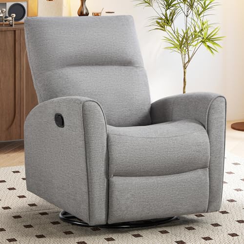 CANMOV Recliner Rocker Swivel Chair, Manual Chenille Glider Rocking Chair, Swivel Glider Recliners with Soft Backrest, 360° Swivel Nursery Reclining Sofa for Living Room Bedroom, Light Grey