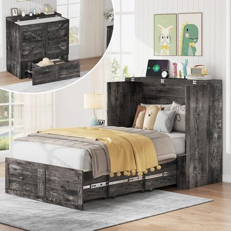 AMERLIFE Twin Murphy Bed Cabinet with Charging Station and Storage Drawer, Farmhouse Foldable Platform Bed for Home Office, Apartment, Small Spaces, Black Oak AMERLIFE