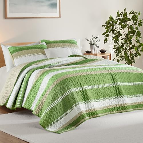 Whale Flotilla Twin Quilt Set - Reversible Green Quilts Twin Size with 1 Pillow Sham, Lightweight Boho Striped Bedspreads Coverlet Bedding Set for All Seasons Whale Flotilla