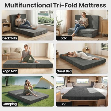 Erament 6-Inch Tri-Fold Mattress Full Size, Covertible Sofa Bed Foldable Futon Mattress with Handles & Non-Slip Bottom, Removable Machine Washable Corduroy Cover for Guest, Camping, Dorm Erament