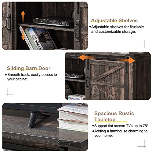 OKD Farmhouse TV Stand for 75 Inch TV with Sliding Barn Door, Rustic Wood Entertainment Center Large Media Console Cabinet Long Television Stands for 70 Inch TVs, Dark Rustic Oak OKD