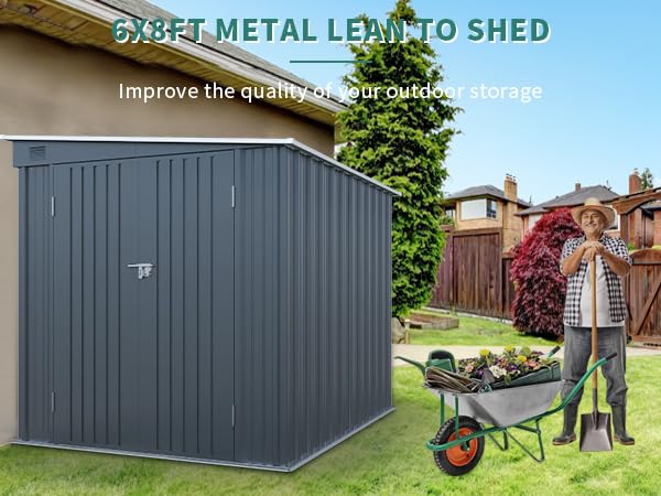 LANTRO JS 6x8FT Metal Outdoor Storage Shed, Garden Tool Shed Without Floor, Lean to Shed with Free PC Light Board and Lockable Doors for Garden Bike Lawnmower LANTRO JS