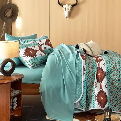 Wake In Cloud - Western Quilt Set, Southwestern Aztec Country Style with Rustic Ranch Vibe, Reversible Lightweight Bedspread Coverlet, 3 Pieces, Turquoise Brown, Queen/Full Size Wake In Cloud
