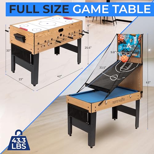 SereneLife 48" 6-in-1 Multi Game Table, Full-Size Indoor and Outdoor Arcade Sports Table with Pool, Air Hockey, Foosball, Basketball, Table Tennis, Dining Table, for Family, Kids, Adults SereneLife