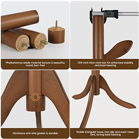 Coat Rack Freestanding Bamboo Coat Tree Rack with 8 Leaf Hooks, 3-Size Height Adjustable for Adults & Younger, Clothes Hanger Stand for Jacket, Hat, Entryway/Hallway/Corner/Bedroom (Vintage Brown) Bekrvio
