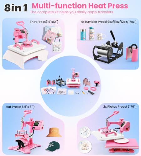 Whubefy 8 in 1 Heat Press Machine 15"x12" with Tumbler Press Hat Press, Industrial Sublimation Heat Press Machine for T Shirts Bags Hat Cap Mug Plate, 360° Swing Away T Shirt Press Machine Transfer Whubefy