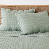WDCOZY Sage Green King Size Quilt Bedding Set, Seafoam Scalloped Farmhouse Country Rustic Lightweight Soft Coverlet for All Season, Cute Cozy Kantha Pick Stitch Bedspread, 2 Pillow Shams WDCOZY