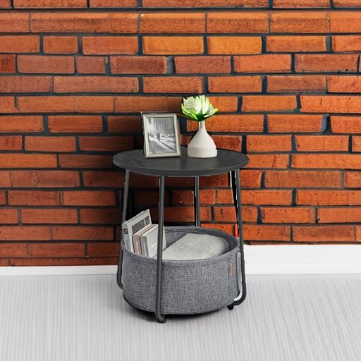 VASAGLE End Table, Small Bedside Table with Fabric Basket, Modern Nightstand, Round Side Table, for Living Room, Bedroom, Ebony Black and Slate Gray ULET223B01 VASAGLE