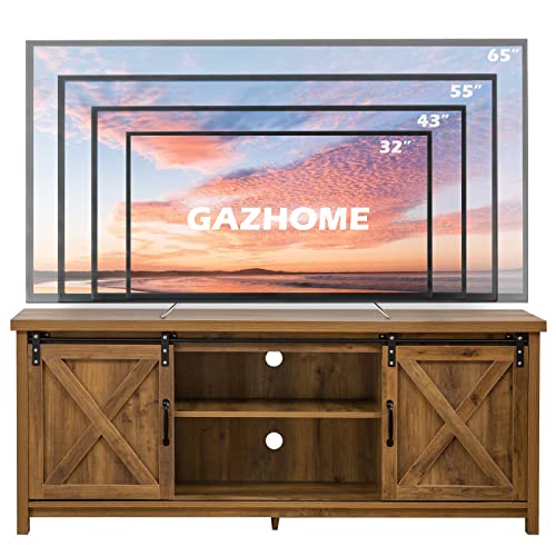 GAZHOME Modern Farmhouse TV Stand with Sliding Barn Doors, Media Entertainment Center Console Table for TVs up to 65”,2-Tier Large Storage Cabinets,Rustic TV Stand for Living Room Bedroom,Brown GAZHOME