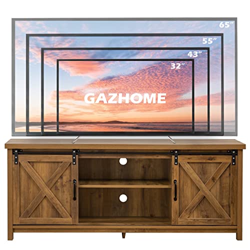 GAZHOME Modern Farmhouse TV Stand with Sliding Barn Doors, Media Entertainment Center Console Table for TVs up to 65”,2-Tier Large Storage Cabinets,Rustic TV Stand for Living Room Bedroom,Bro - WoodArtSupply