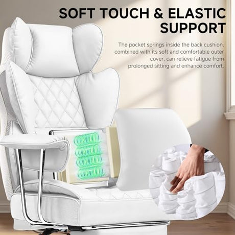 COMHOMA Big and Tall Gaming Chair with Pocket Spring Lumbar Support, Ergonomic Office Chair with Footrest, Executive Desk Chair with Outward Fixed Soft Armrests, Computer Chair with High Back, White COMHOMA