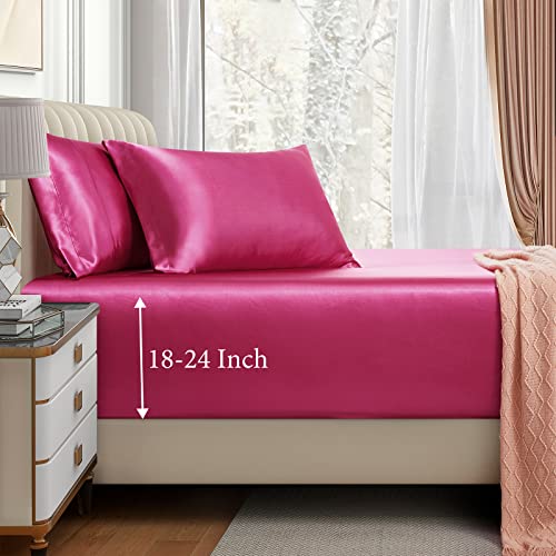 VACVELT 3pcs Extra Deep Pocket Satin Fitted Sheet Set Full Bed Set, Hot Pink Bottom Sheet Fit 18-24 Inch Deep Pocket Mattress, Silky Bedding Set Soft & Ultra Deep Fitted Sheet & 2 Pillowcase VACVELT