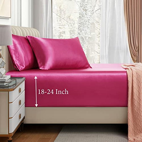 VACVELT 3pcs Extra Deep Pocket Satin Fitted Sheet Set Full Bed Set, Hot Pink Bottom Sheet Fit 18-24 Inch Deep Pocket Mattress, Silky Bedding Set Soft & Ultra Deep Fitted Sheet & 2 Pillowcase VACVELT