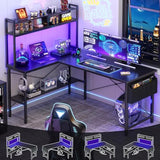 Aheaplus L Shaped Desk Gaming Desk, 59" L Shaped Computer Desk with LED Light & Power Outlet, Reversible Home Office Desk Gamer Desks with Shelves & Storage Bag & Hooks, Corner PC Desk, Black Aheaplus
