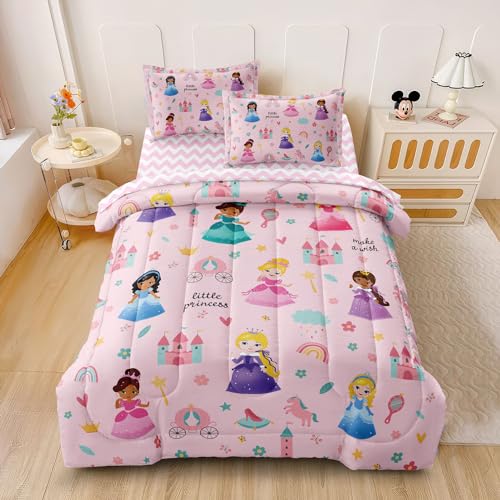 SIRDO Kids Magical Princess Comforter Set Bed in a Bag Twin Size- 5 Piece Soft Cute Castle Bedding Set for Girls (1 Comforter, 1 Flat Sheet, 1 Fitted Sheet, 2 Pillowcases), Pink SIRDO