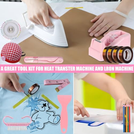 XEUZK Sublimation Shirts Tool Pink Kit With 8T Shirt rulers, 3Pack Teflon Sheet for Heat Press 12 x 16in, Heat Resistant Gloves & Silicone Bumps, 4Rolls Heat Resistant Tape& Tape Dispenser Sublimation XEUZK