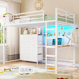 Twin Loft Bed with L-Shaped Desk, 7 Storage Drawers, Metal Loft Bed Twin Size with LED Lights and Charging Station, Storage Shelf and Pegboard, Safety Guardrail and Ladder, No Box Spring Needed, White mojiasion