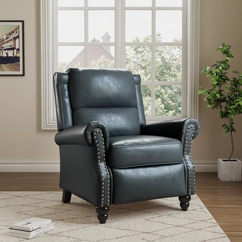 Pushback Recliner Chair, Faux Leather Wingback Recliner Chair, Upholstered Armchair Push Back Recliner with Wood Legs, Rivet Trim Single Sofa Accent Chair for Living Room, Bedroom, Navy