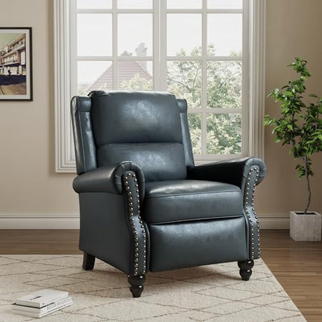 Pushback Recliner Chair, Faux Leather Wingback Recliner Chair, Upholstered Armchair Push Back Recliner with Wood Legs, Rivet Trim Single Sofa Accent Chair for Living Room, Bedroom, Navy Qatiby