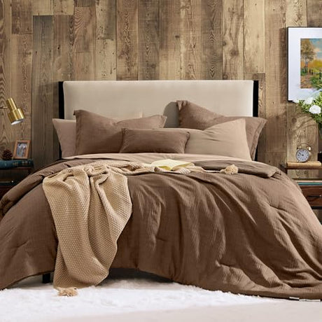 Geniospin King Size Comforter Set - 7 Pieces Brown Comforter King Size, Soft Solid Bedding Set for All Season, Textured Bed in a Bag with Sheets, Pillowcases & Shams Geniospin