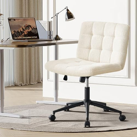 Furnimart Swivel Criss Cross Legged Chair with Wheels for Home Office, Wide Armless Desk Chair Height Adjustable Comfy Seat for Desk,Vanity, Bedroom, Faux Fur White Furnimart