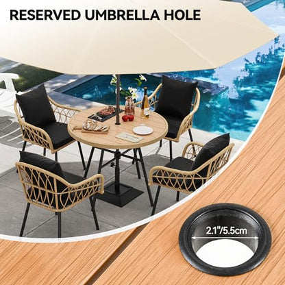 YITAHOME Round Patio 36.6'' Dining Wood Table for 4-Person w/1.96" Umbrella Hole, Rattan Wrapped Tabletop and Sturdy Iron Frame Perfect for Lawn Backyard Garden