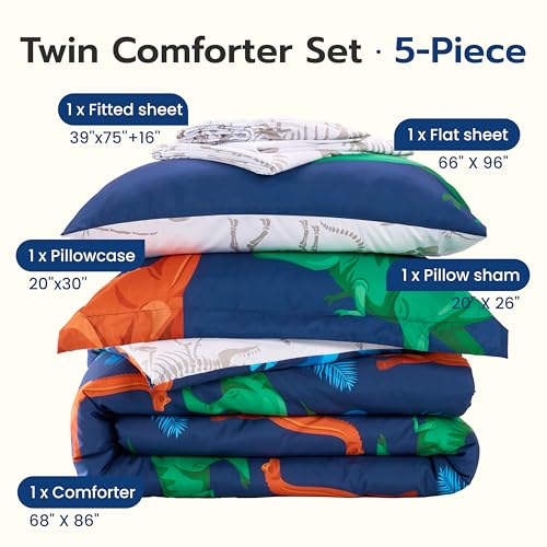 Joiedomi Kid Twin Comforter Set 5 Piece Dinosaur Bedding Set for Boys Girls Super Soft Microfiber Bed in a Bag with Comforter Sheets Pillowcase Sham Joiedomi