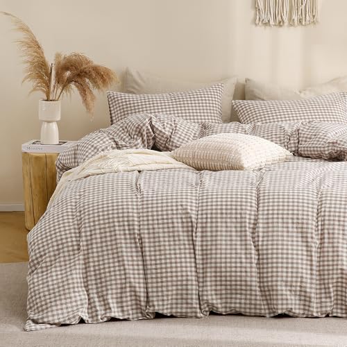 TOCOMOA Tan Gingham Duvet Cover Bedding Set 100% Washed Cotton Like Linen Feel Super Soft Comfy 3 Piece Brown Vintage Plaid Checkered Fall Comforter Cover Set (Full 80"x90", Comforter Not Included) TOCOMOA