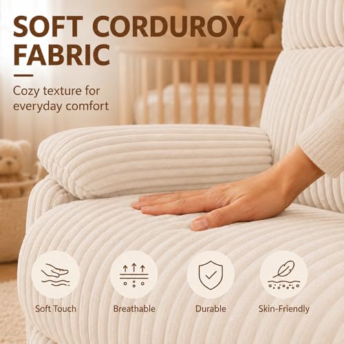 Beige Rocking Chair Nursery Recliners, Small Recliner Rocking Chair for Small Spaces, Manual Swivel Glider Recliner for Living Room Bedroom Office, Corduroy，Adjustable Backrest & Footrest (Beige)