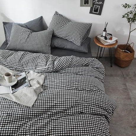 mixinni Black Gingham Comforter Set King, Plaid Comforter Set 3 Pieces 1 Black Grid Comfoter with 2 Pillow Cases for All Seasons, Soft Fluffy Modern Grid Pattern Printed Bedding-King Size mixinni