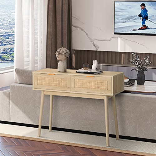 AOTIFARM Console Table with 2 Drawers Rattan Entryway Table with Storage Narrow Accent Sofa Table Behind Couch Table for Hallway, Entryway, Living Room and Bedroom Natural Wood - WoodArtSupply