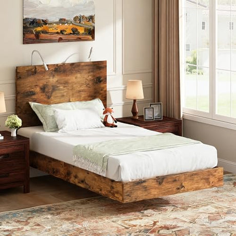 BarnFurin Floating Twin Bed Frame with Led Lights, Wooden Bed Frame with Reading Light Headboard, Heavy Duty Metal Slats, No Box Spring Needed, Easy Assembly, Rustic Brown BarnFurin