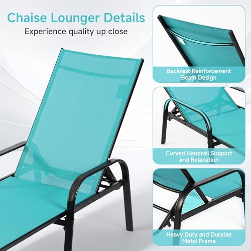 DUMOS Outdoor Lounge Chaise, 5-Position Aluminum Chaise Lounge with Armrests, Sun Tanning Chair 350 lbs Heavy Duty Patio Pool Chair, Waterproof Sun Lounger for Deck, Backyard, Beach & Poolside, Blue