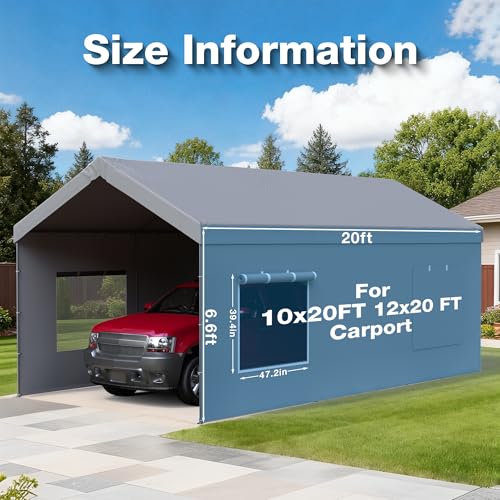 Carport Canopy Replacement Sidewall 20x6.6 FT Fits 10x20, 12x20, 20x20 FT Carport with Roll-up Windows, Waterproof & UV Protected, Easy Assembly with Ball Bungees, Grey (Sidewall Only, 1 Pack) FLOUREE