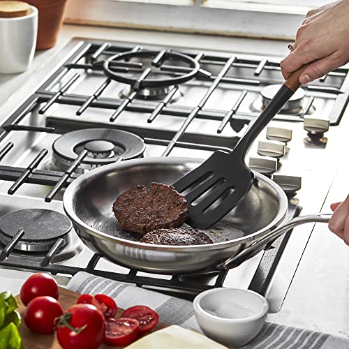 STAUB Silicone Spatula Turner, Perfectly Angled for Lifting Pancakes, Sandwiches and Picking up Veggies Durable BPA-Free Matte Black Silicone, Acacia Wood Handles, Safe for Nonstick Cooking Surfaces STAUB