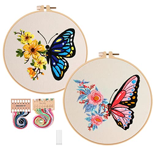 Konrisa Embroidery Starter Kits with Butterfly Flower Pattern, Stamped Cross Stitch Kits for Beginners Adults DIY Sewing Include Embroidery Hoop Embroidery Fabric Threads and Needles,Set of 2
