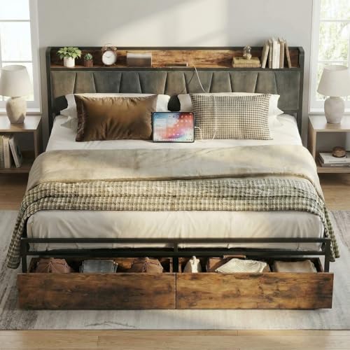 LIKIMIO King Size Bed Frame, Storage Headboard with Charging Station, Platform Bed with Drawers, No Box Spring Needed, Easy Assembly, Industrial Brown and Gray LIKIMIO