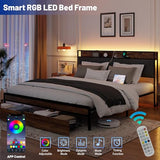 King Size Metal Platform Bed Frame with 2 Storage Drawers, LED Light, Velvet Headboard with USB Port - Heavy Duty, Brown Wooden Panel, No Box Spring Needed - King Bed Frame with Storage (Brown, King) LUBEDCY