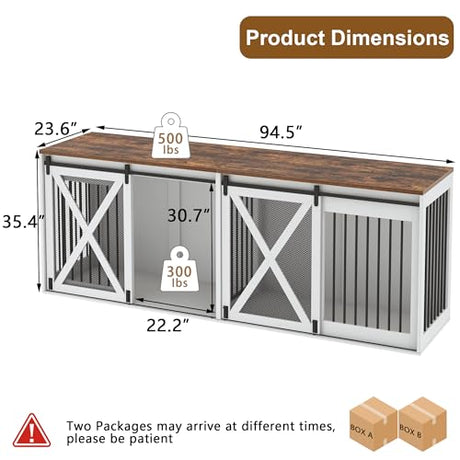 Nordee Axio 94.5" XXXL Dog Crate Furniture for 2 Large Dogs, Heavy Duty Double Dog Cage Extra Large Breed, 35.4" Tall Thick Wooden Dog Kennel TV Stand with Divider, White Nordee Axio