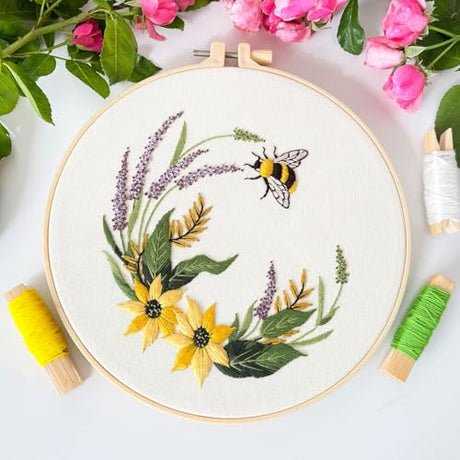 Myfelicity Embroidery kit for Adults, 3-Piece Bee and Butterfly Floral Designs, Including Tools Handmade Embroidery Hoop Art Set (Yellow) Myfelicity