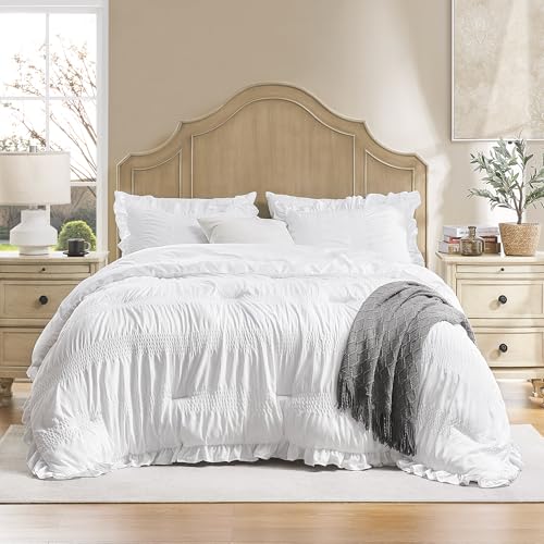 Queen Comforter Set Seersucker 7 Pieces Luxury Ruffle Bed in a Bag Queen Size for All Season White Bedding Set with Comforter, Pillowcases, Flat Sheet, Fitted Sheet and Pillow Shams QUIETSEA
