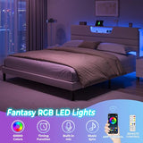 OURPIC King Size Bed Frames with Upholstered Headboard, Modern Platform Bed with Charging Station and Led Lights, Bed Frame with Sturdy Wooden Slats/No Box Spring Needed/2-Tier Storage, Beige OURPIC