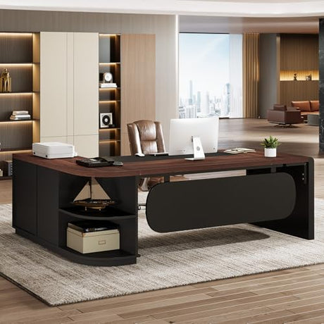 Tribesigns 80'' L-Shaped Desk, Large Executive Office Desk with 55'' Drawers Cabinet, Modern Computer Table with Storage Shelves, Business Furniture for Home Office, Walnut & Black Tribesigns