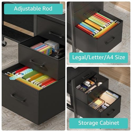 Rolling Teacher Desk with File Drawer & Privacy Panel, 47" Mobile Computer Desk with 3 Storage Drawers on Wheels, Modern Office Desks with File Cabinet for Classroom & Home Office, Black WINAZ