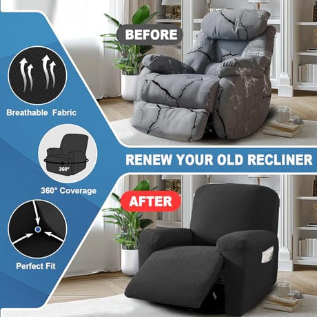 JIVINER 3 Piece Recliner Chair Cover Stretch Lazy Boy Non Slip Covers for Recliner with Pockets Soft Jacquard Reclining Sofa Slipcovers Furniture Protector with Elastic Bottom (1 Seater, Black) JIVINER